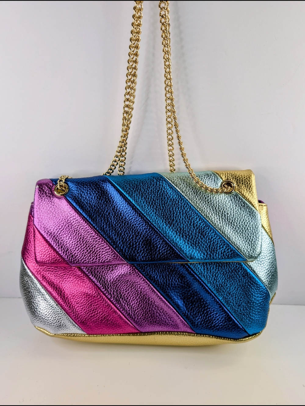 Metallic Rainbow Purse Quilted Shoulder Bag Gold Chain Strap New